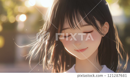 Illustration of a close-up of a high school girl's facial expression "AI generated image" 121287681
