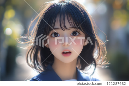 Close-up of a high school girl's facial expression (AI-generated image) 121287682