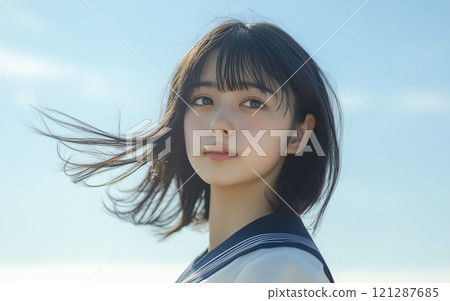 AI-generated image of a high school girl's hair swaying in the fresh breeze 121287685