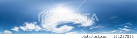 Sky 360 panorama - Bright blue sky filled with fluffy white Cirrus clouds. Seamless hdr spherical 360 panorama. Sky dome sky replacement for aerial drone 360 panoramas. Weather and climate change 121287836
