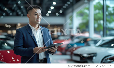 Elegant asian salesman dressed in black suit and 121288086