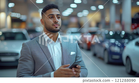 Elegant arabian salesman is using smartphone at 121288090