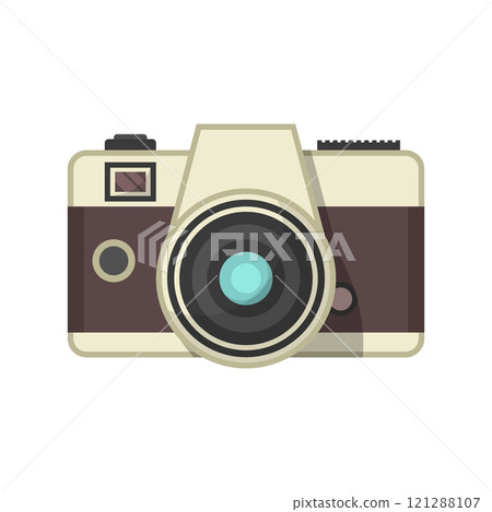 Photo camera icon in flat style. Photography equipment vector illustration on isolated background. Professional photographic sign business concept. 121288107