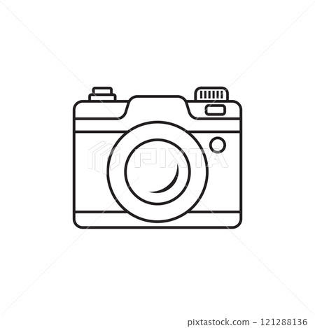 Photo camera icon in flat line style. Photography equipment vector illustration on isolated background. Professional photographic sign business concept. 121288136