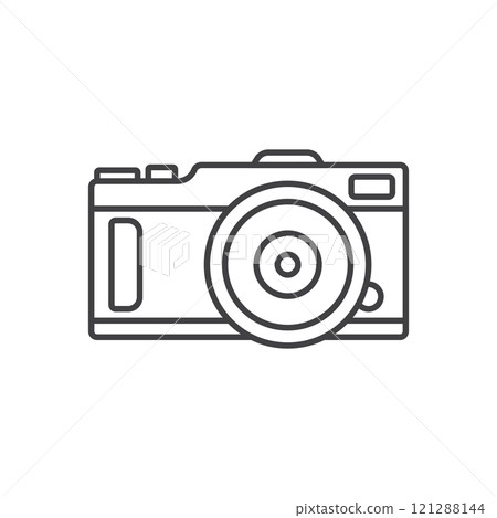 Photo camera icon in flat line style. Photography equipment vector illustration on isolated background. Professional photographic sign business concept. 121288144