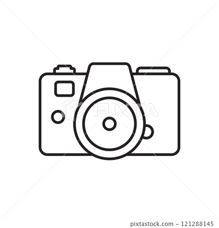 Photo camera icon in flat line style. Photography equipment vector illustration on isolated background. Professional photographic sign business concept. 121288145