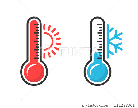 Thermometer icon in flat style. Climate control vector illustration on isolated background. Weather change sign business concept. Thermometer icon in flat style. Climate control vector illustration on isolated background. Weather change sign business concept. 121288301