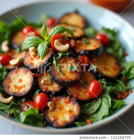 A vibrant eggplant salad composed of roasted eggplant slices, bright cherry tomatoes, and crunchy cashews arranged on a bed of fresh greens. Ideal for summer gatherings or a healthy lunch. 121288705