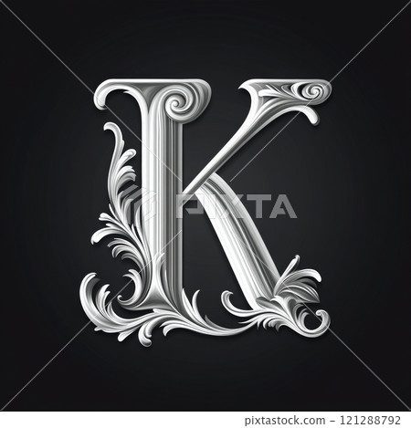 White Letter K with Ornamental Floral Design. Elegant Swirls and Intricate Patterns Embellish Letter. Luxurious and Sophisticated Typography. Decorative Concept for Branding. AI generated 121288792