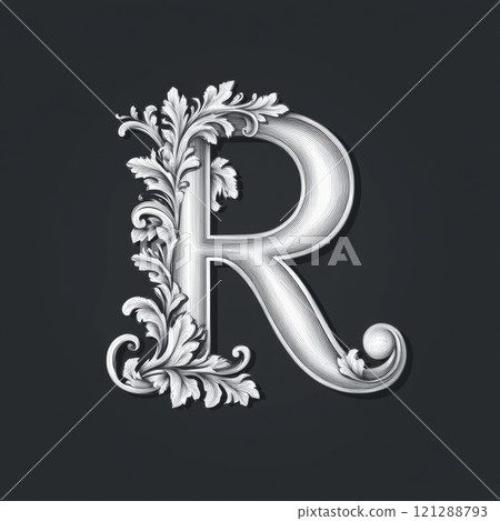 White Letter R with Intricate Ornamental Design. Elegant Floral Patterns Decorate the Letter. Luxurious Monochromatic Typography. Stylish and Sophisticated Concept. AI generated 121288793