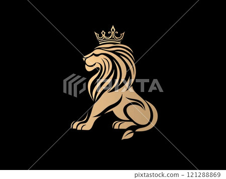 Golden Lion with Crown Sitting Proudly. Elegant Design with Simplistic Lines on Black Background. Regal Emblem Representing Authority and Nobility. AI generated Golden Lion with Crown Sitting Proudly. Elegant Design with Simplistic Lines on Black Background. Regal Emblem Representing Authority and Nobility. AI generated 121288869