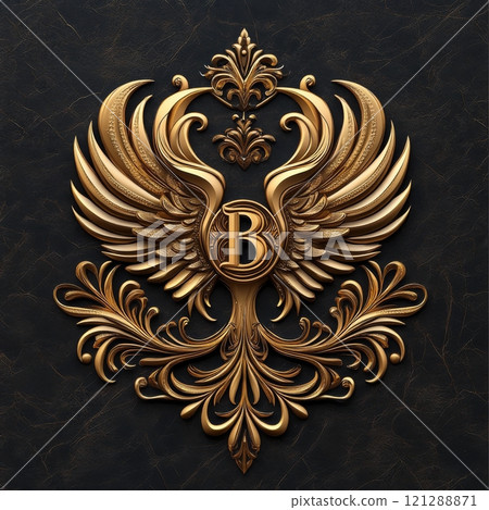 Gold Phoenix With Letter B on Black Background. Decorative Ornament with Detailed Floral Patterns and Luxurious Style. Elegance and Royalty. AI generated 121288871