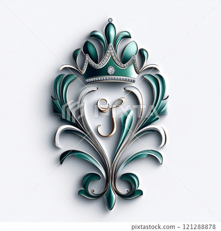 Crown with Emerald Green Accents Surrounded by Elegant Floral Design. Letter G in Golden Font Highlighted in Center. Luxurious and Ornate Decoration. AI generated 121288878