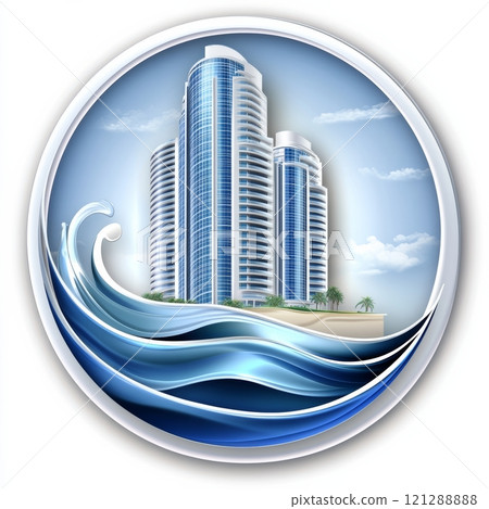 Modern Skyscrapers with Glass Facades Rising Above Stylized Ocean Waves. Palm Trees and Bright Blue Sky Enhance the Vibrant Coastal Scene. Isolated round logo. AI generated 121288888