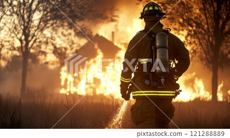 Firefighter stands in front of a burning house. Flames engulf the building. A rescuer responds to an emergency. The sky glows with fiery colors. Putting out a fire. AI generated 121288889