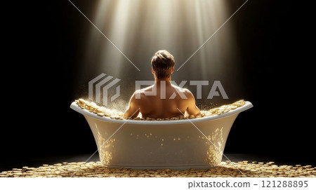 Man Sitting back in Bathtub Filled with Gold Coins Under Dramatic Spotlight. Money is everywhere. The dream of abundance. Luxurious and Symbolic Scene Representing Wealth and Prosperity. AI generated 121288895