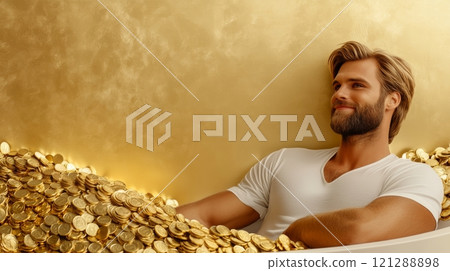 Man Relaxing And enjoys Against Golden Wall in Bathtub Filled with Gold Coins. Luxurious and Tranquil Scene Symbolizing Wealth and Affluence. AI generated 121288898