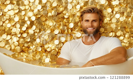 Happy man sits in a bath, leaning against a wall of gold coins. A dreamy atmosphere, symbolizing wealth, luxury and success. Generated by AI 121288899