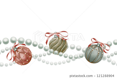 Vintage pearl beads with Christmas tree balls,covered with velvet,beads and gold threads,red ribbon in a bow in seamless border as a symbol of holidays.Watercolor clipart on transparent background Vintage pearl beads with Christmas tree balls,covered with velvet,beads and gold threads,red ribbon in a bow in seamless border as a symbol of holidays.Watercolor clipart on transparent background 121288904