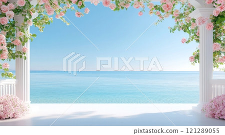 Pink Roses on Elegant White Columns Overlooking Turquoise Sea. Calm Ocean Scene with Bright Blue Sky. Peaceful and Romantic Coastal Atmosphere. AI generated 121289055