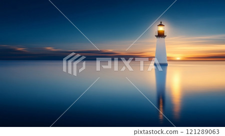 background Lighthouse Standing Alone in Calm Sea at Sunset. Reflections on Smooth Water. Peaceful Atmosphere with Warm Sunset Colors and Dark Sky. Symbol of Guidance and Tranquility. AI generated 121289063