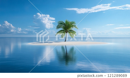 Single Palm Tree Growing on Tiny Sand Island in Calm Blue Ocean. Peaceful Scene. Bright Sunlight and Clear Sky Create Tropical Paradise Atmosphere. Free space for text. AI generated Single Palm Tree Growing on Tiny Sand Island in Calm Blue Ocean. Peaceful Scene. Bright Sunlight and Clear Sky Create Tropical Paradise Atmosphere. Free space for text. AI generated 121289089