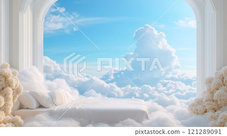 Dreamy Bedroom Surrounded by Clouds and White Columns. Serene Sky Adds to Heavenly Atmosphere of Peace and Tranquility. Luxurious and Imaginative Design. AI generated Dreamy Bedroom Surrounded by Clouds and White Columns. Serene Sky Adds to Heavenly Atmosphere of Peace and Tranquility. Luxurious and Imaginative Design. AI generated 121289091