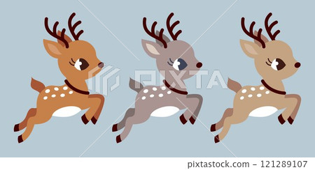Baby deer jumping. 3 colour choices. Little reindeer flying to Santa Claus at the North Pole. Christmas winter New Year. 121289107