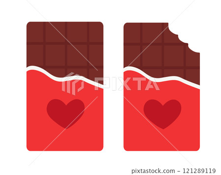 Set of red packaging whole and bitten chocolate bars with heart. Sweet Valentine day. Vector flat illustration. Set of red packaging whole and bitten chocolate bars with heart. Sweet Valentine day. Vector flat illustration. 121289119