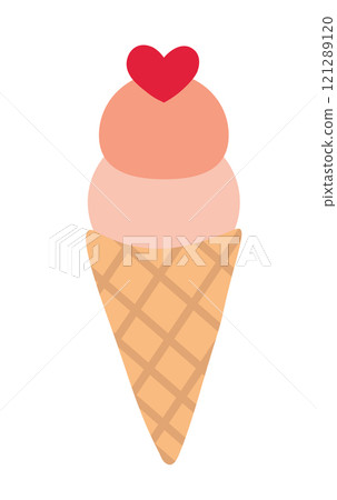 Ice cream in waffle cone with heart. Valentine day sweet food. Vector flat illustration. Ice cream in waffle cone with heart. Valentine day sweet food. Vector flat illustration. 121289120