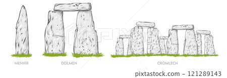 Menhir, Cromlech and Dolmen Hand-drawn linear cartoon sketch. Vector illustration. isolated on white background Menhir, Cromlech and Dolmen Hand-drawn linear cartoon sketch. Vector illustration. isolated on white background 121289143