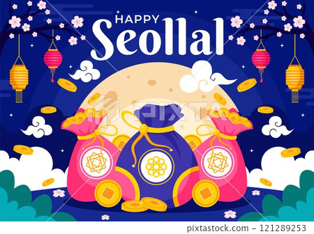 Happy Seollal Translation Korean New Year Vector Illustration Featuring the Year of the Wood Rabbit and Gold Coins for the 29 January Celebration 121289253