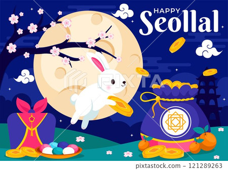 Happy Seollal Translation Korean New Year Vector Illustration Featuring the Year of the Wood Rabbit and Gold Coins for the 29 January Celebration Happy Seollal Translation Korean New Year Vector Illustration Featuring the Year of the Wood Rabbit and Gold Coins for the 29 January Celebration 121289263