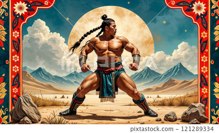 Artistic depiction of a Mongolian wrestler standing confidently in a dramatic pose against a Mongolian landscape backdrop. Illustration inspired by traditional Mongolian art. Artistic depiction of a Mongolian wrestler standing confidently in a dramatic pose against a Mongolian landscape backdrop. Illustration inspired by traditional Mongolian art. 121289334