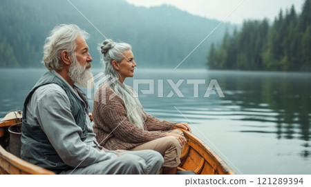 Elderly couple in boat, peaceful fishing on calm lake and harmonious moment. Active retirees enjoying life 121289394