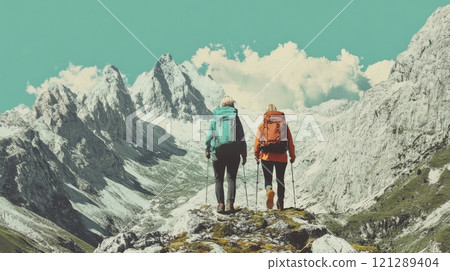Energetic gray-haired couple trekking in nature, vibrant mountain adventure. Active retirees enjoying life 121289404