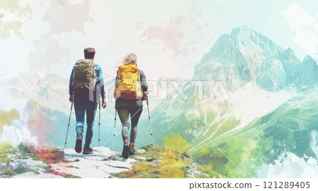 German retirees on mountain trail, outdoor gear and breathtaking scenery. Active retirees enjoying life German retirees on mountain trail, outdoor gear and breathtaking scenery. Active retirees enjoying life 121289405