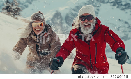 Gray-haired retirees enjoying skiing adventure, stylish gear and vibrant energy. Active retirees enjoying life 121289416