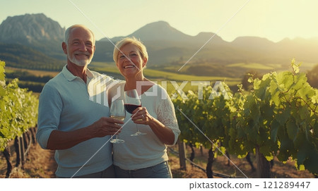 Elderly couple sipping wine in vineyard, stunning views and tranquil moment. Active retirees enjoying life 121289447