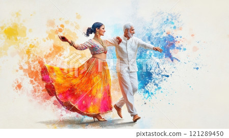 Joyful couple dancing gracefully, vibrant attire and serene outdoor setting. Active retirees enjoying life 121289450