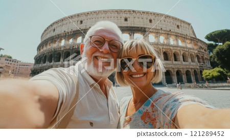 Senior couple enjoying trip to Colosseum, light clothing and happy smiles. Active retirees enjoying life 121289452