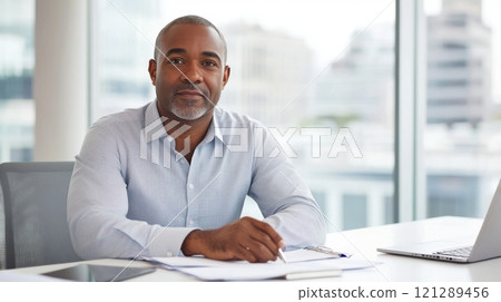 Focused HR manager leading team in bright conference room, corporate decision-making. Middle aged man hr manager 121289456