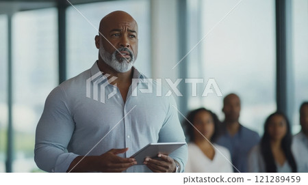 Experienced leader presenting to team in sleek workspace, business collaboration. Middle aged man hr manager 121289459