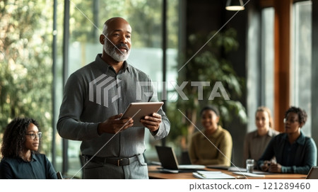 African HR manager leading a diverse team meeting, collaborative dynamic. Middle aged man hr manager 121289460