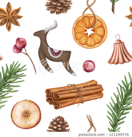 Seamless retro pattern with oranges, cones, cinnamon, spruce twigs, toys. Christmas Sustainable xmas. Organic winter decorations, recyclable material for parties, holidays. Hand drawing, background Seamless retro pattern with oranges, cones, cinnamon, spruce twigs, toys. Christmas Sustainable xmas. Organic winter decorations, recyclable material for parties, holidays. Hand drawing, background 121289576
