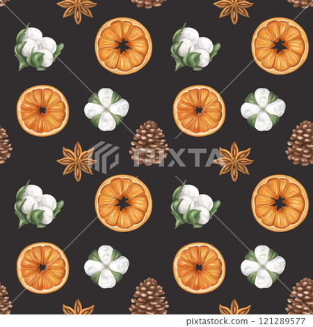 Seamless pattern with oranges, cotton, cones. Christmas, Sustainable xmas. Hand drawn organic winter handmade decorations from recyclable material for parties, holidays. Hand drawing, background 121289577