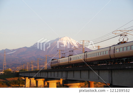 381 Series Yakumo Express (JNR livery) running through the Hino River with Mt. Beni Daisen in the background: Continuous shot 02/32 381 Series Yakumo Express (JNR livery) running through the Hino River with Mt. Beni Daisen in the background: Continuous shot 02/32 121289582