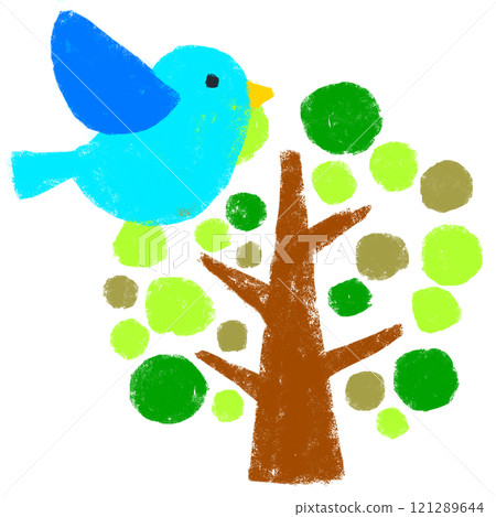 蠟筆觸摸藍色的鳥和樹 121289644