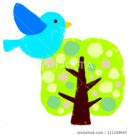 蠟筆觸摸藍色的鳥和樹 蠟筆觸摸藍色的鳥和樹 121289645