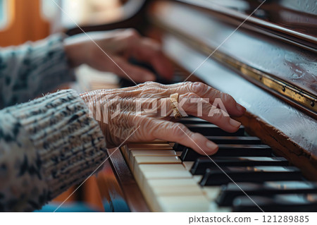 Hands, vintage piano and senior woman playing to music in living room for musical entertainment practice. Instrument, hobby and retired elderly woman enjoying a song on the keyboard in a modern home 121289885